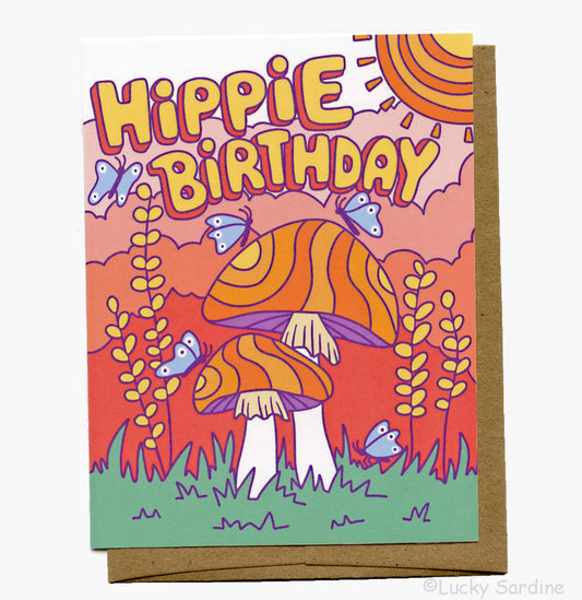 Hippie Birthday, Groovy Retro Butterfly & Mushroom Card: Yellow