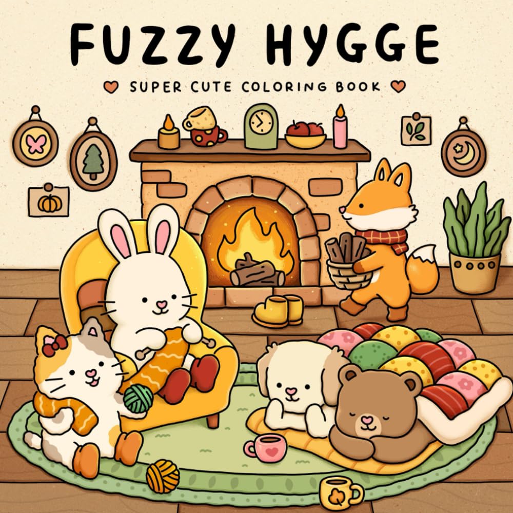 Fuzzy Hygge: Cute and Cozy Coloring Book for Adults & Teens Featuring Adorable Animals Characters for Stress Relief (Fuzzy Friends Coloring) cover image