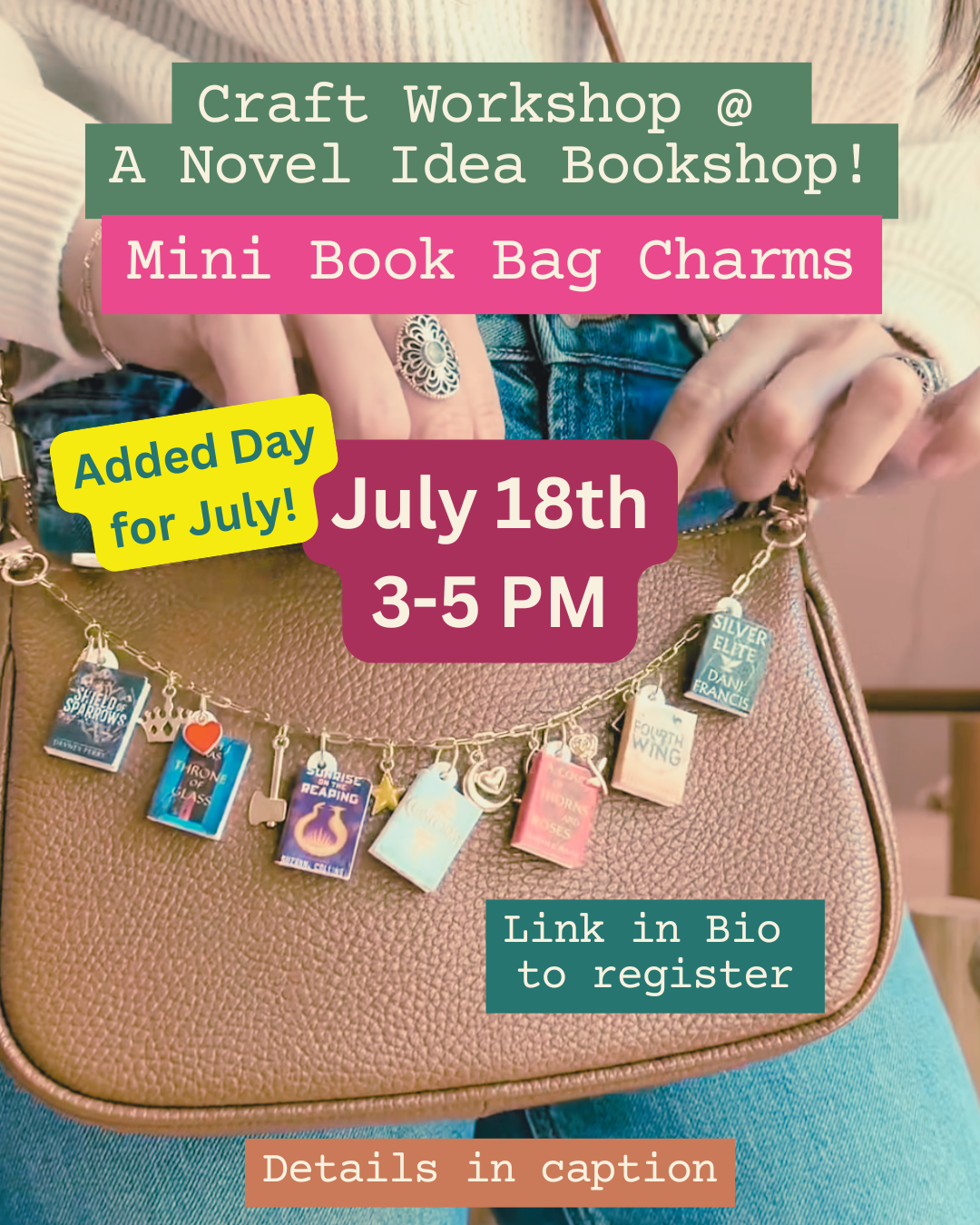 Mini Book Bag Charms Workshop! July 18th