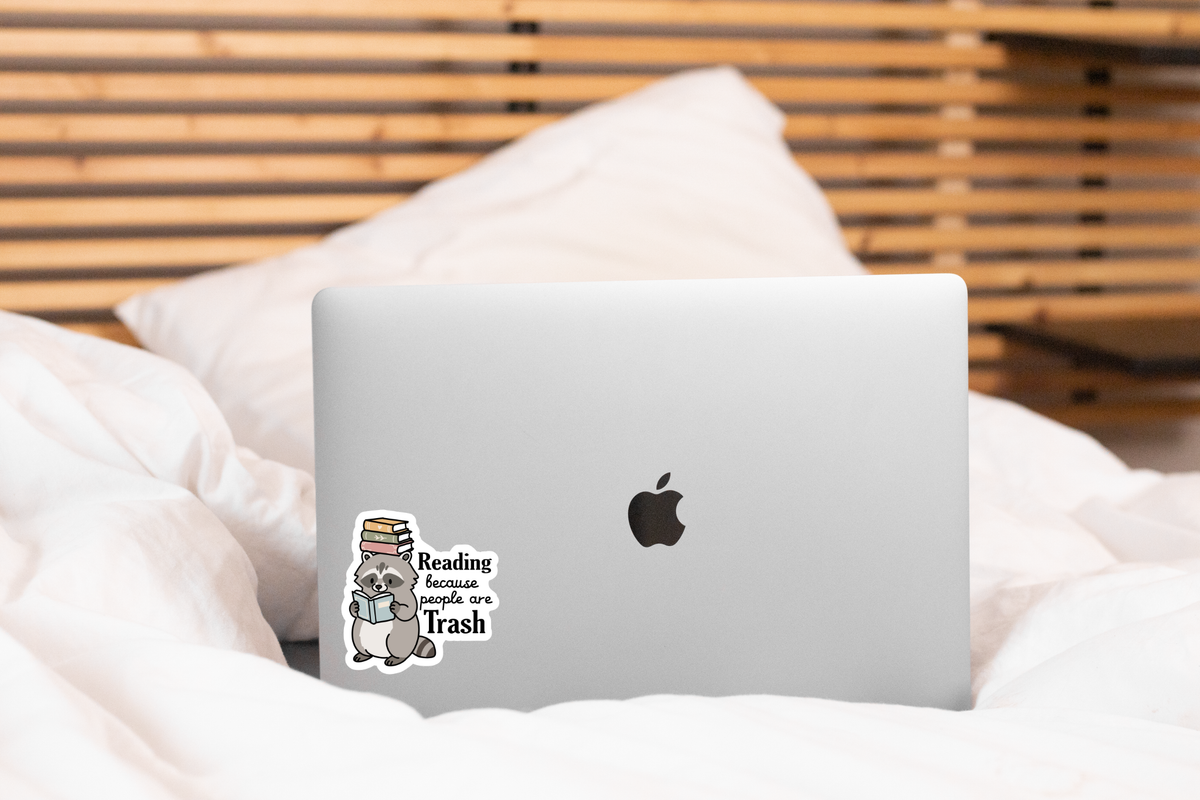Reading because People are Trash Sticker - raccoon, book