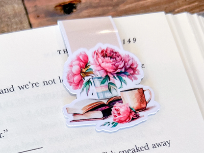 Pink Floral/Books, Magnetic Bookmark: Peonies