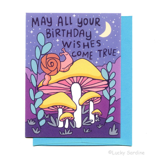 Snail Forest & Mushroom, Birthday Stars Wishes Card: Sky Blue