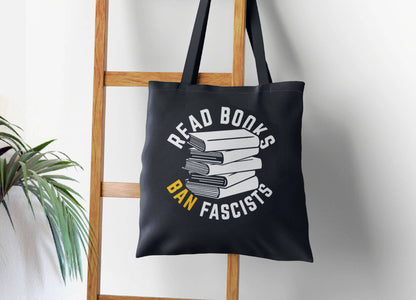 Read Books Ban Fascists Tote Bag, 12oz Black Canvas Totebag: Black