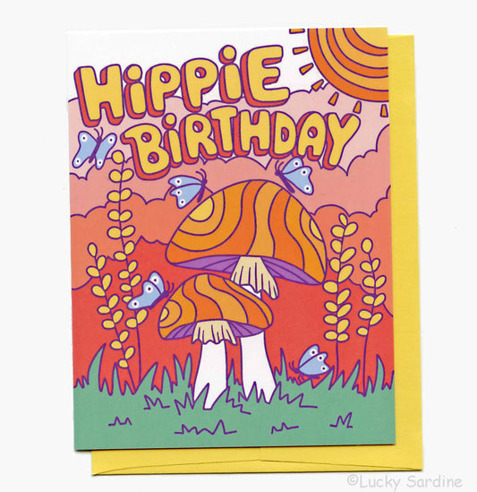 Hippie Birthday, Groovy Retro Butterfly & Mushroom Card: Yellow