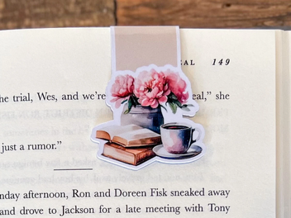 Pink Floral/Books, Magnetic Bookmark: Peonies