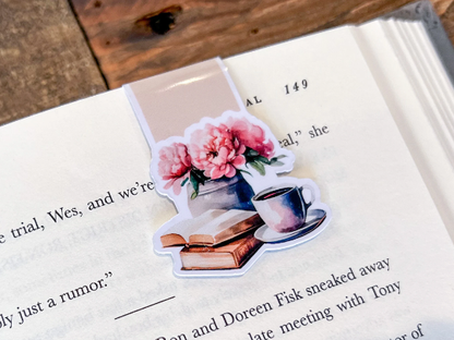 Pink Floral/Books, Magnetic Bookmark: Peonies