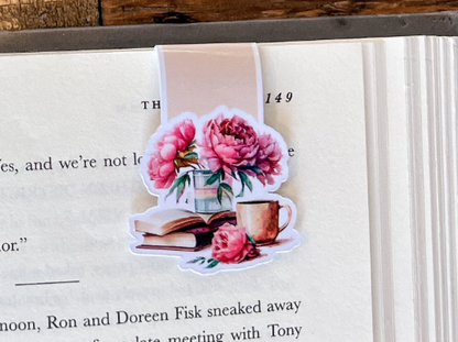 Pink Floral/Books, Magnetic Bookmark: Peonies