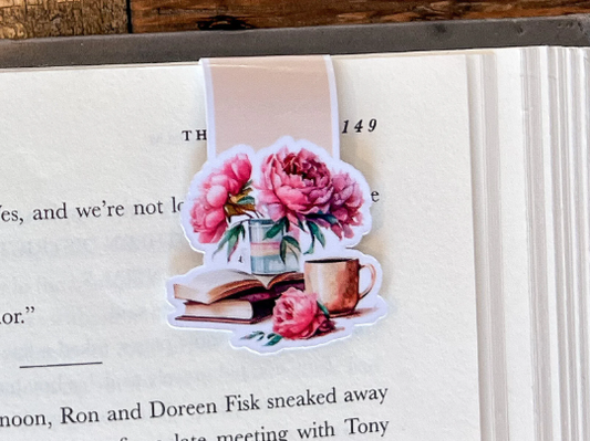 Pink Floral/Books, Magnetic Bookmark: Peonies