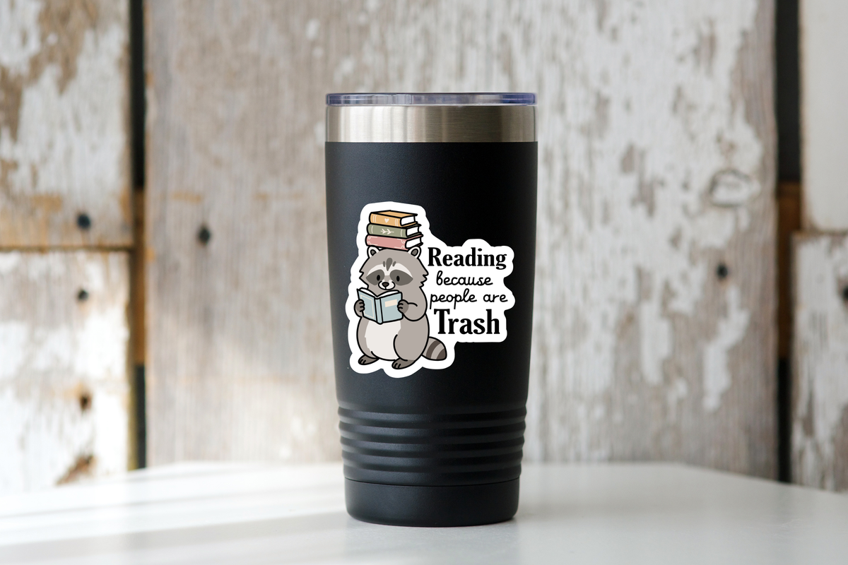 Reading because People are Trash Sticker - raccoon, book