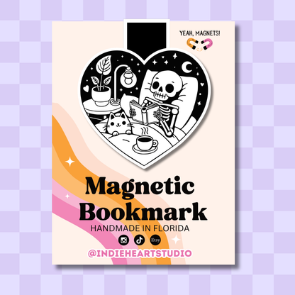 Skeleton And Cat Reader Magnetic Bookmark | Cozy Book Lover: No