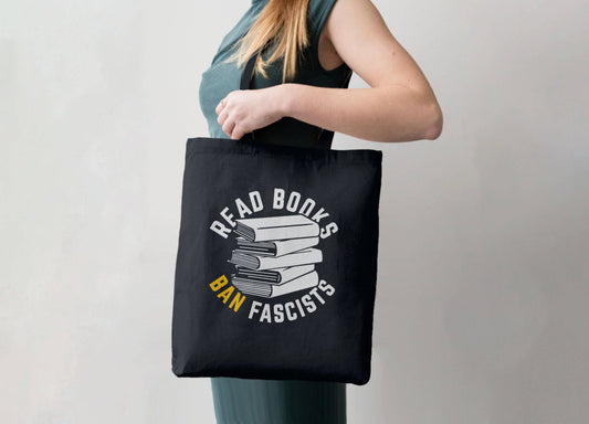 Read Books Ban Fascists Tote Bag, 12oz Black Canvas Totebag: Black