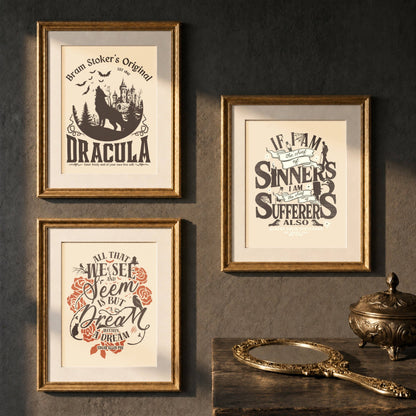 Gothic Library Halloween Wall Art Print Dracula Bookish Gift: 8x10" / All 3