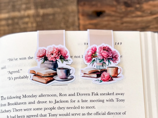 Pink Floral/Books, Magnetic Bookmark: Peonies