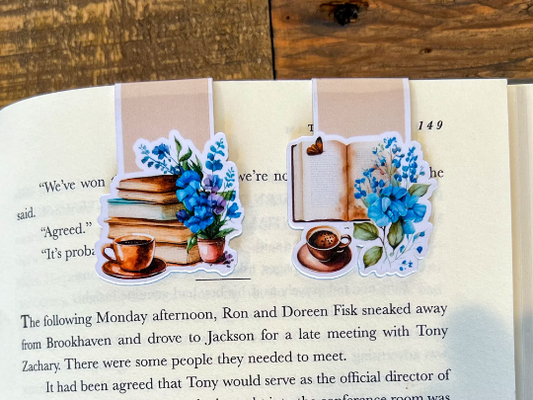 Blue Floral and Coffee, Magnetic Bookmark